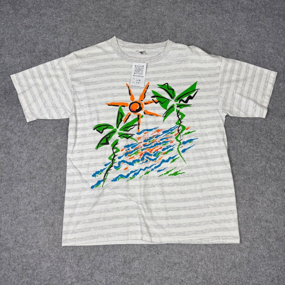 Vintage The Body Co Striped Beach Graphic T-Shirt Mens L/XL Grey White Palm Tree